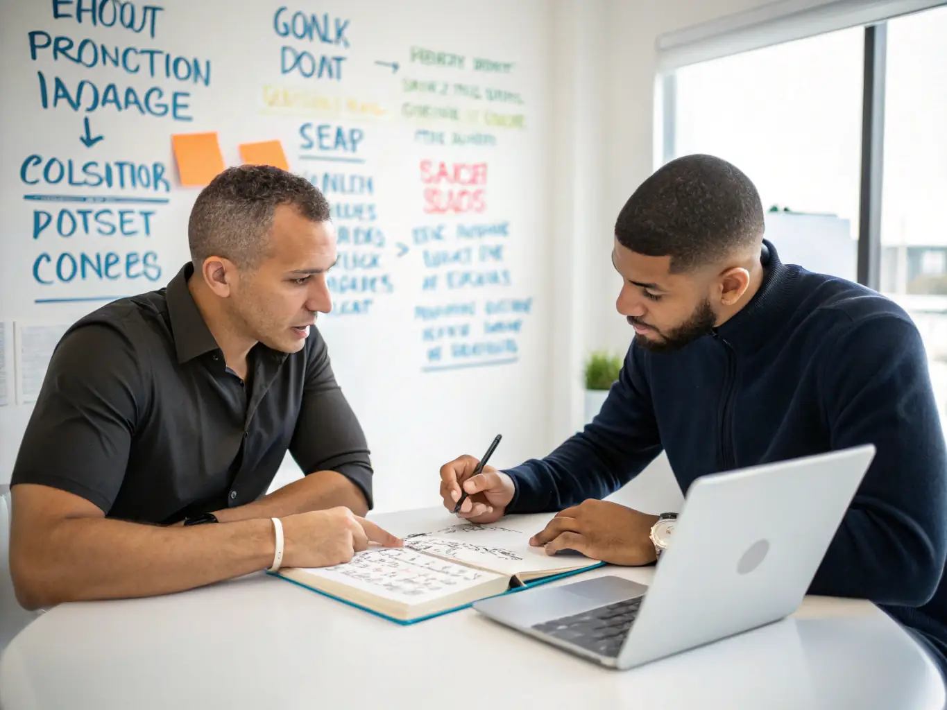 A coach and client engaged in a focused discussion in a bright, modern office, with motivational quotes visible on the wall, symbolizing personalized coaching and support.