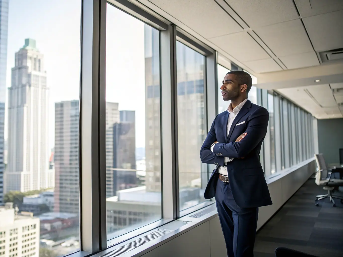 A professional man in a suit confidently striding forward in a modern London office, symbolizing career progression and ambition in the UK.