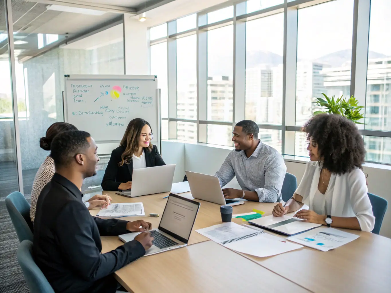 A diverse group of professionals collaborating in a bright, modern office space in Manchester, representing teamwork and leadership development.