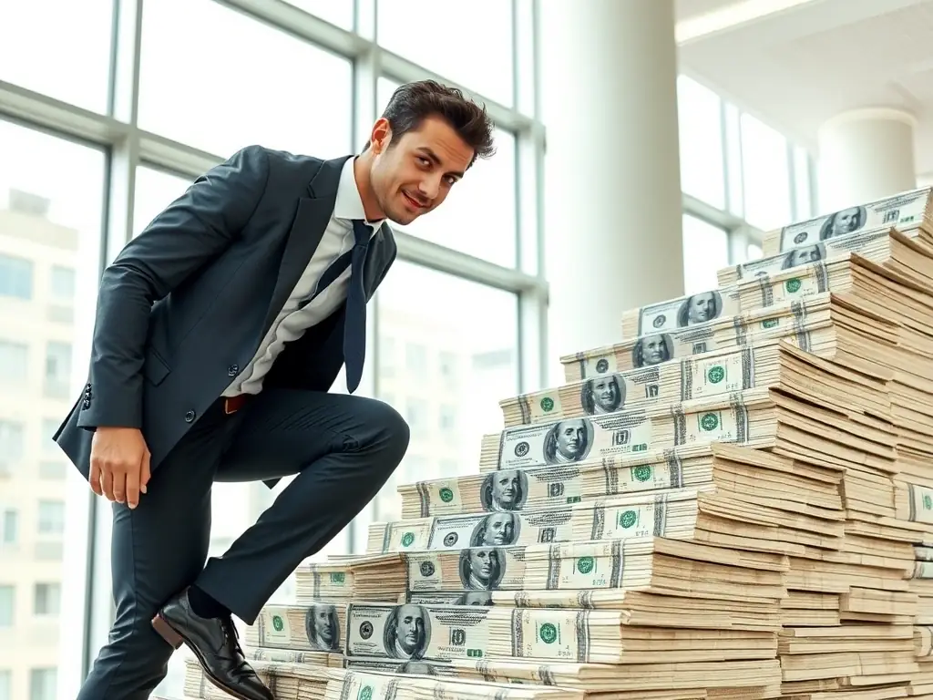 A professional in a business suit confidently ascending a staircase made of books, symbolizing career growth and learning, set against the backdrop of the London skyline.