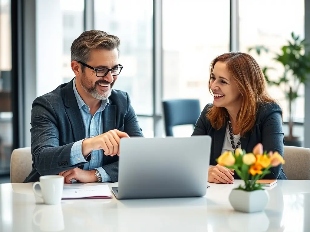 A coach and client engaged in a focused discussion in a co-working space in Edinburgh, illustrating personalized coaching and goal setting.